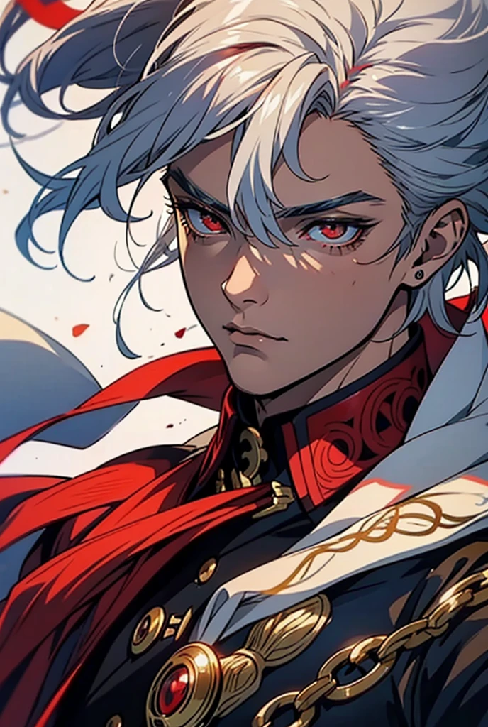 vampire. strong. anatomically correct, short hair combed to the side. Silver hair, red eyes. Fire on the ground. Clothes of a warrior from a very rich empire. masculine. masculine features. Navy blue clothes. Young male face.