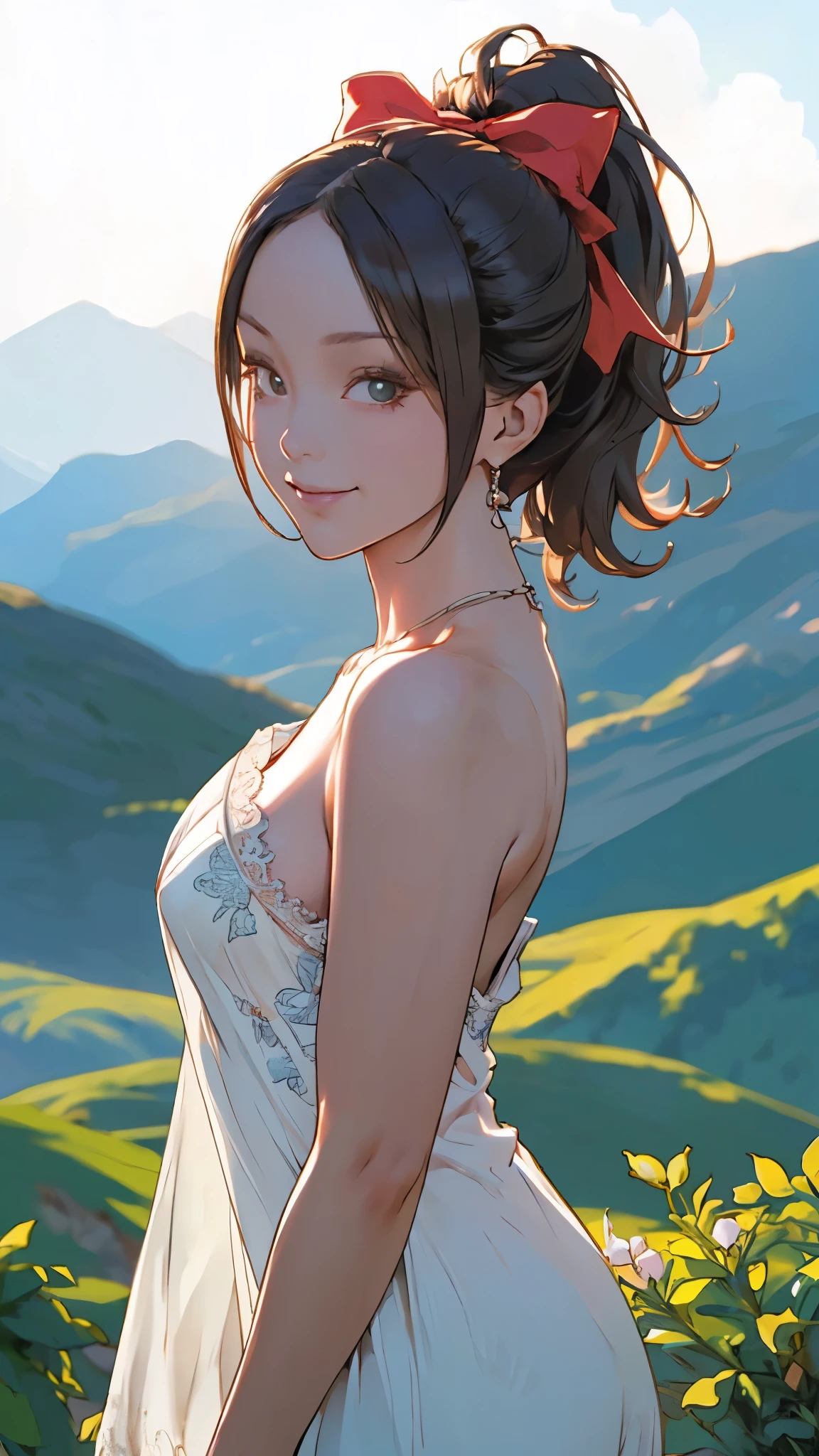 girl, from side, standing, red strapless dress, (young, cute), (breast:1.2), looking at viewer, smile, head tilt, ponytail updo, parted bangs, big hair bow ribbon, shoulder, see-through lace, (mountain:0.8), (highly detailed), sharp shadow, intricately detailed, cinematic contrast, outdoors, sharp focus, detailed sky, floresta, emerald fog, mystic, dynamic lighting, vivid colours, breathtaking, atmospheric perspective, masterpiece,