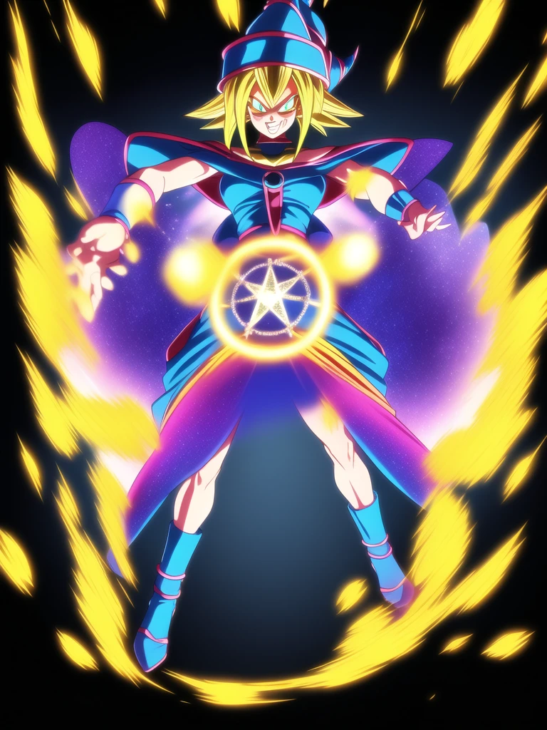 
dbsuper style, (extremely detailed CG unity 4k wallpaper),(masterpiece),(ultra quality),(ultra-detailed),(best illustration),(best shadow),(absurdres),masterpiece, best quality, cinematic light, 1girl, grin, dark magician girl, blonde hair, blue headwear, blue footwear, duel monster, hat, hexagram, long hair, looking at viewer, magic, magic circle, glow, glowing, glowing particles, sparks, saiyan's aura, wizard hat, yu-gi-oh!, dynamic pose, serious 