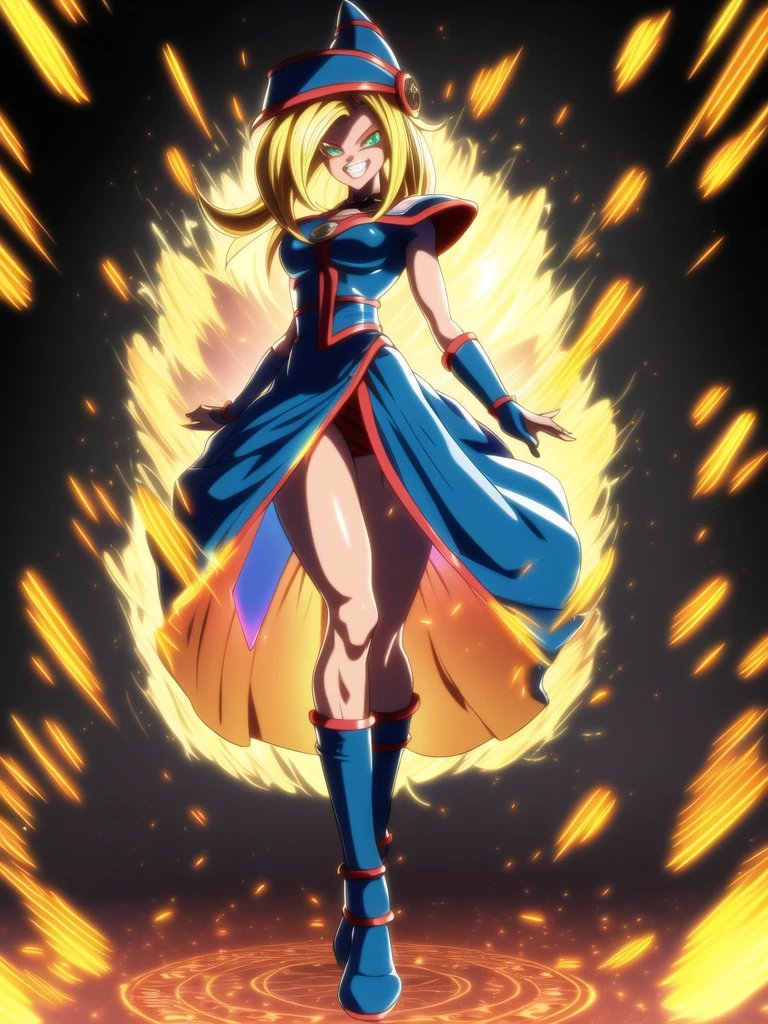 
dbsuper style, (extremely detailed CG unity 4k wallpaper),(masterpiece),(ultra quality),(ultra-detailed),(best illustration),(best shadow),(absurdres),masterpiece, best quality, cinematic light, 1girl, grin, dark magician girl, blonde hair, blue headwear, blue footwear, duel monster, hat, hexagram, long hair, looking at viewer, magic, magic circle, glow, glowing, glowing particles, sparks, saiyan's aura, wizard hat, yu-gi-oh!, dynamic pose, serious 