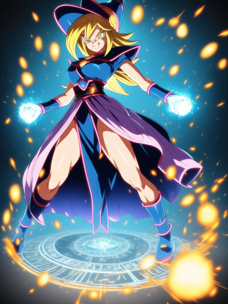 
dbsuper style, (extremely detailed CG unity 4k wallpaper),(masterpiece),(ultra quality),(ultra-detailed),(best illustration),(best shadow),(absurdres),masterpiece, best quality, cinematic light, 1girl, grin, dark magician girl, blonde hair, blue headwear, blue footwear, duel monster, hat, hexagram, long hair, looking at viewer, magic, magic circle, glow, glowing, glowing particles, sparks, saiyan's aura, wizard hat, yu-gi-oh!, dynamic pose, serious 