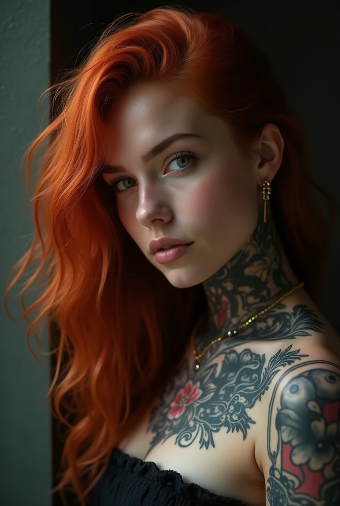 foto de uma mulher ruiva com 1,85cm tattooed on her arms doing ahegao