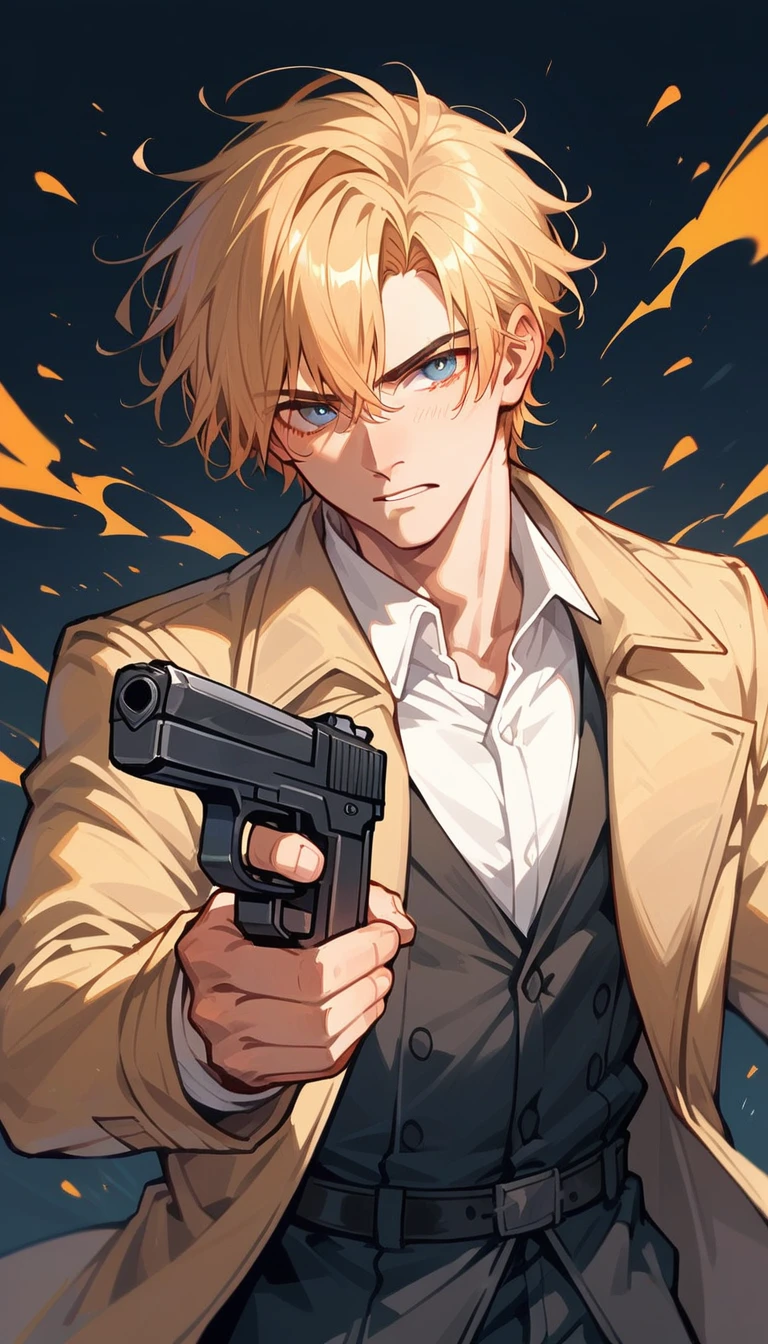 1 man, solo, handsome, short hair, blond hair, black trenchcoat, calm expression, handsome, powerful pencil sketch, portrait, holding a black pistol, dynamic pose