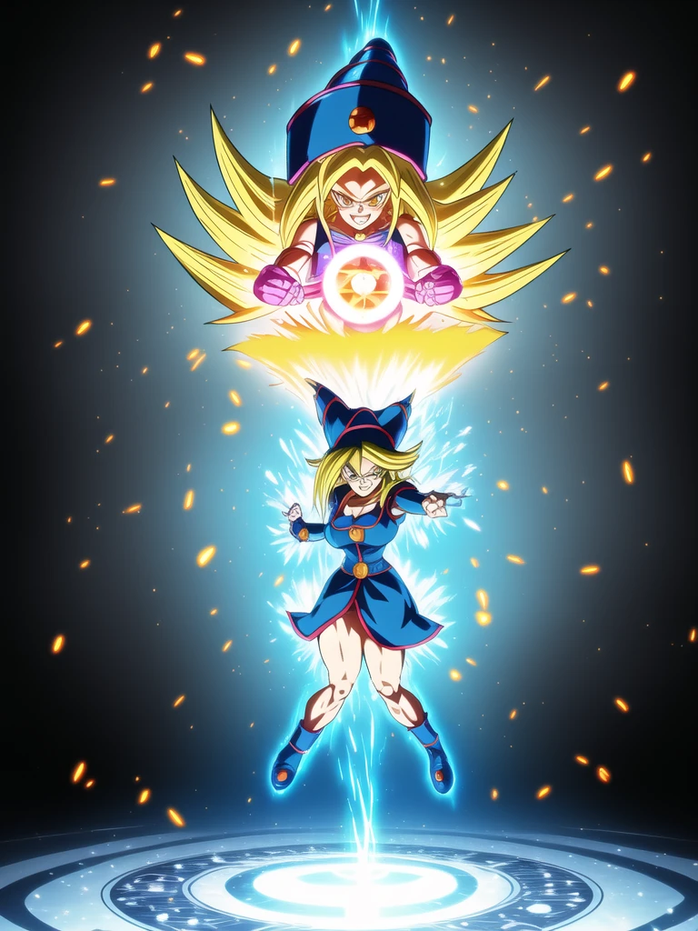 
dbsuper style, (extremely detailed CG unity 4k wallpaper),(masterpiece),(ultra quality),(ultra-detailed),(best illustration),(best shadow),(absurdres),masterpiece, best quality, cinematic light, 1girl, grin, dark magician girl, blonde hair, blue headwear, blue footwear, duel monster, hat, hexagram, long hair, looking at viewer, magic, magic circle, glow, glowing, glowing particles, sparks, saiyan's aura, wizard hat, yu-gi-oh!, dynamic pose, serious 