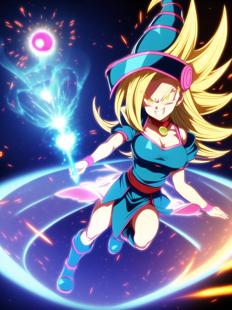 
dbsuper style, (extremely detailed CG unity 4k wallpaper),(masterpiece),(ultra quality),(ultra-detailed),(best illustration),(best shadow),(absurdres),masterpiece, best quality, cinematic light, 1girl, grin, dark magician girl, blonde hair, blue headwear, blue footwear, duel monster, hat, hexagram, long hair, looking at viewer, magic, magic circle, glow, glowing, glowing particles, sparks, saiyan's aura, wizard hat, yu-gi-oh!, dynamic pose, serious 