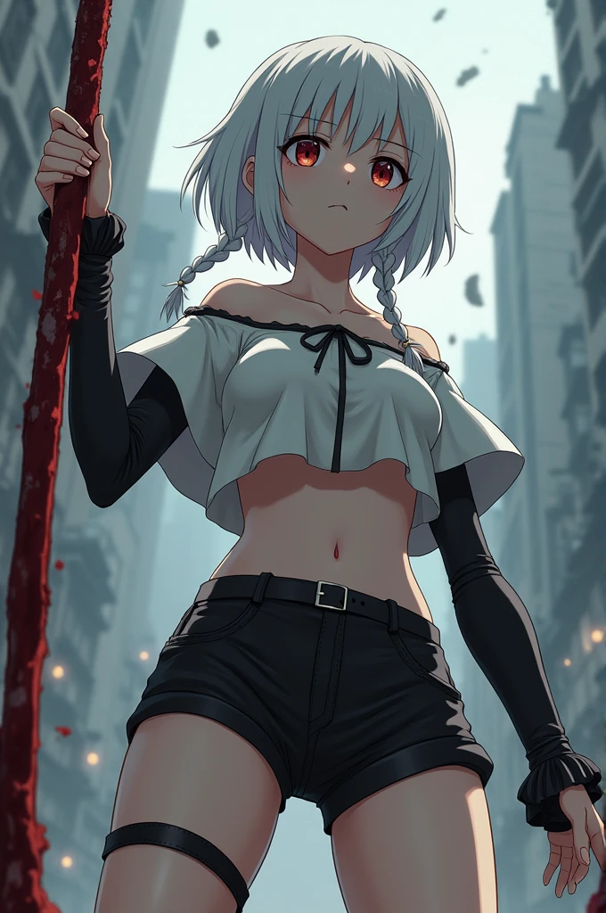 Women, pale skin, burn scars on left arm, burn scars below left eye, silver hair with pretty bangs, small bust, big hips, silver colored eyes