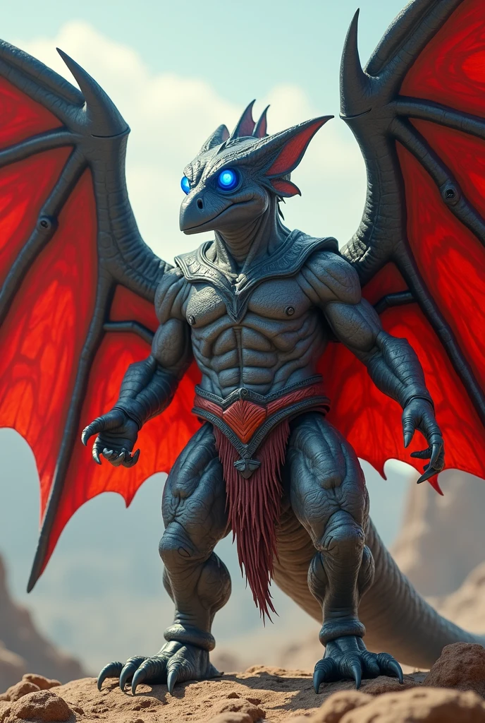Godzilla with wings huge Bronze feathers Rainbow iris with fire armor, lilac armor, gold belt, holding sword and shield in hand