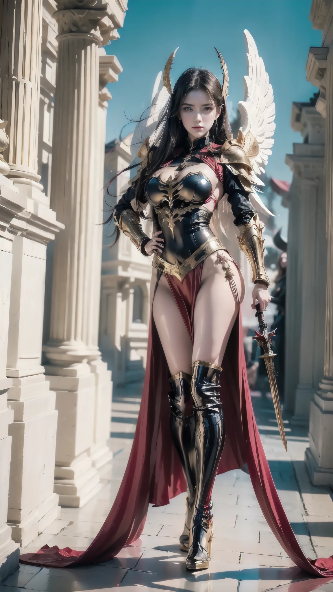 arafed woman in a red dress and black and gold outfit, ornate cosplay, as a mystical valkyrie, by Yang J, glamourous cosplay, anime girl cosplay, gorgeous female paladin, angel in bikini armor, professional cosplay, a beautiful fantasy empress, full body xianxia, anime cosplay, cosplay, by Victor Wang, ruan jia and artgerm,  (full body:1.8), (upper body up:0.3), (hyper realistic:1.4), (realistic:1.3), (best quality real texture skin),
Detailed eyes, detailed face, PERSEPHONE