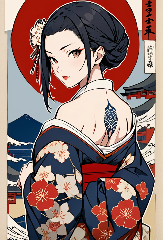 Yakuza Woman、Tattoo on back､Kimono、Ukiyo-e, 