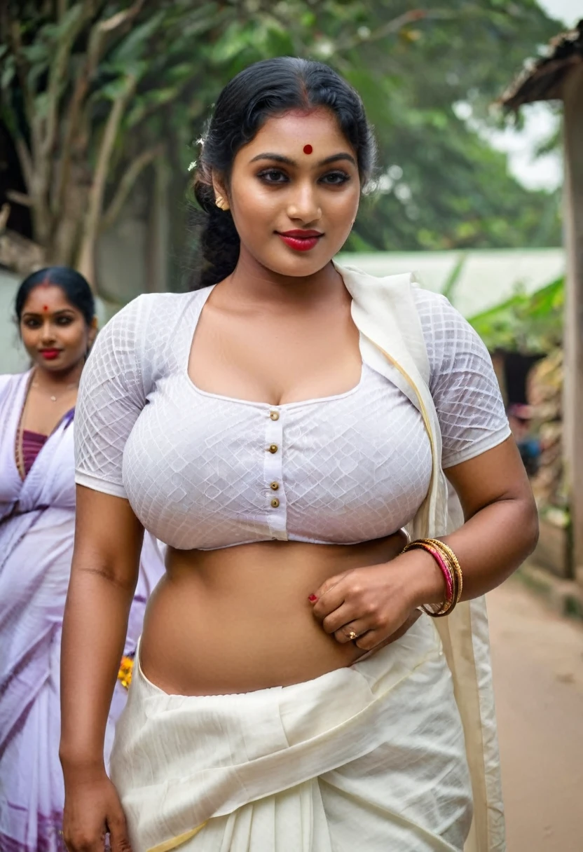 A full sized HD photograph of a voluptuous and thicc Kerala Mallu village woman wearing a snug fit cotton blouse, standing on the village street, looking at the viewer with a naughty smile on her face, long hairbraid, curvy woman, very heavy and swooping breasts, flaunting deep cleavage as the blouse is too short for her big breasts 