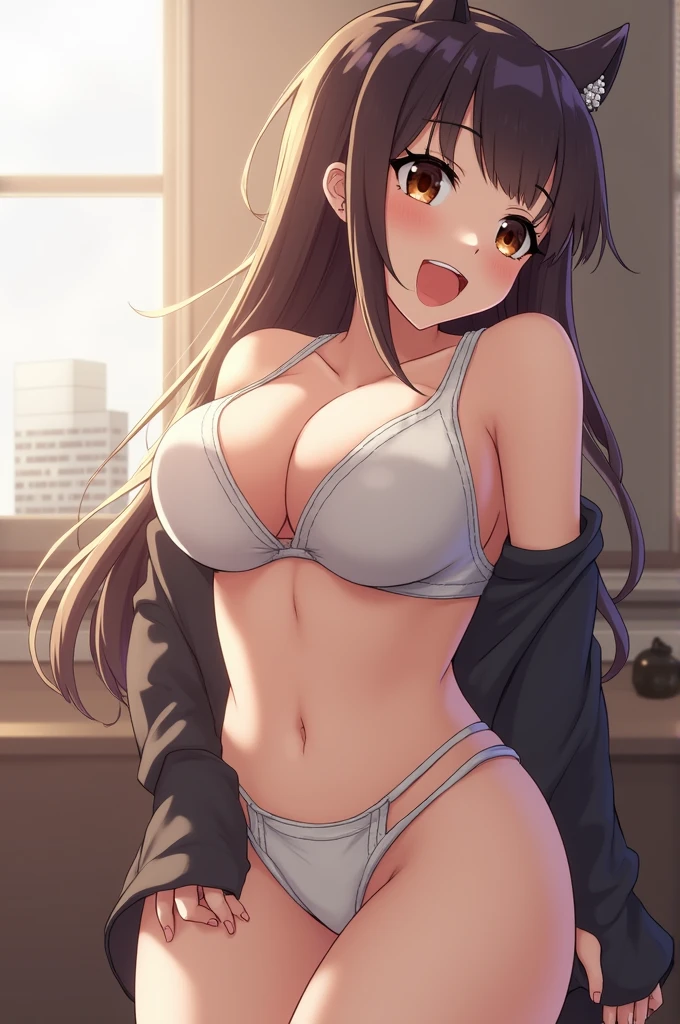 ((highest quality)),(ultra high resolution),(Super detailed),(detailed description),((best CG)),(best work of art),super precision art,great drawing art,(Art with precise details:1.5), Portrait:1.6,bust shot:1.4,(1 woman:1.5),beautiful and well-shaped face:1.5、 Japanese、girl,Slender、(white bra:1.2)、small face、brown eyes、tall、 highres,black hair、long hair、classroom、17 years old、(standing facing left:1.2)、Mature、curly hair、black skirt
