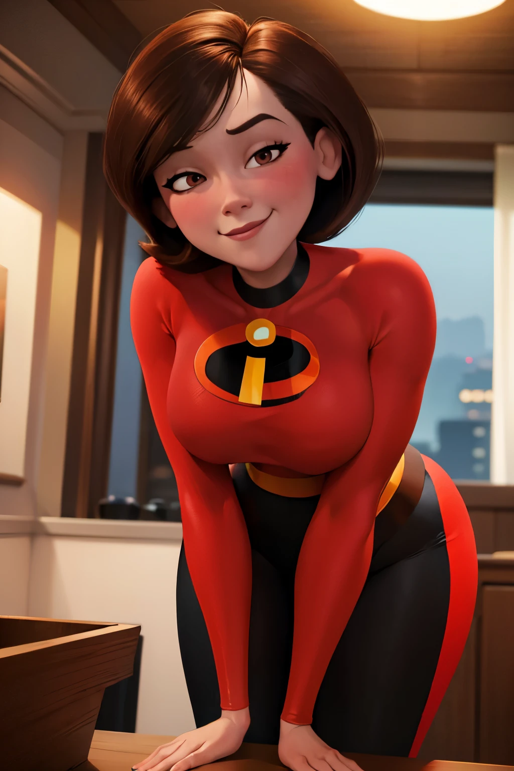 high quality, masterpiece, best quality, helenparr, 3d, 3d character, disney character, the incredibles, helen parr, looking at viewer, closed smile, brown hair, brown eyes, mature female, revealing clothes, forced smile, standing, blush, half-closed eyes, smile, empty eyes/no highlights (Leaning forward:1.5), Arms Down, ((Perfect Anatomy, beautifull detailed face, Beautiful detailed eyes, beautiful detailed hair, Beautiful detailed body)), thick outline, Beautiful outlines, black outlines, short hair, closed mouth, night, warm lighting, indoors