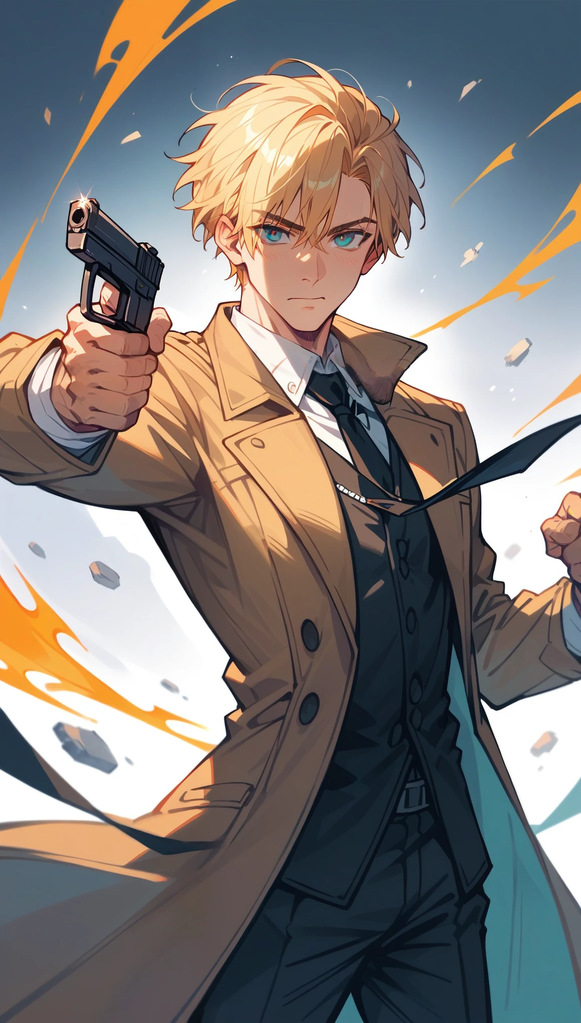 1 man, solo, handsome, short hair, blond hair, black trenchcoat, calm expression, handsome, powerful pencil sketch, portrait, holding a black pistol, dynamic pose