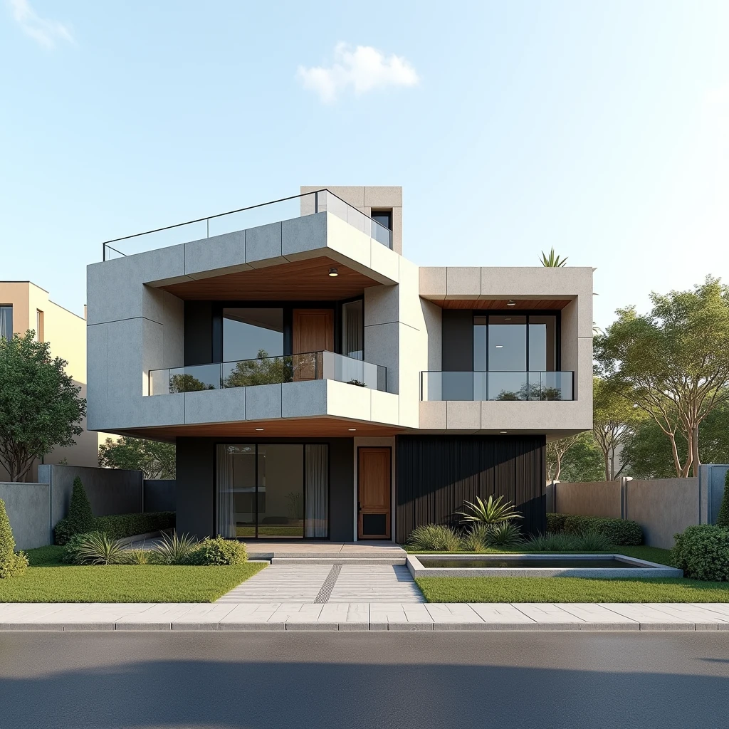 Simple Rendered Villas A photorealistic 3D render of a two-story modern villa with a ...