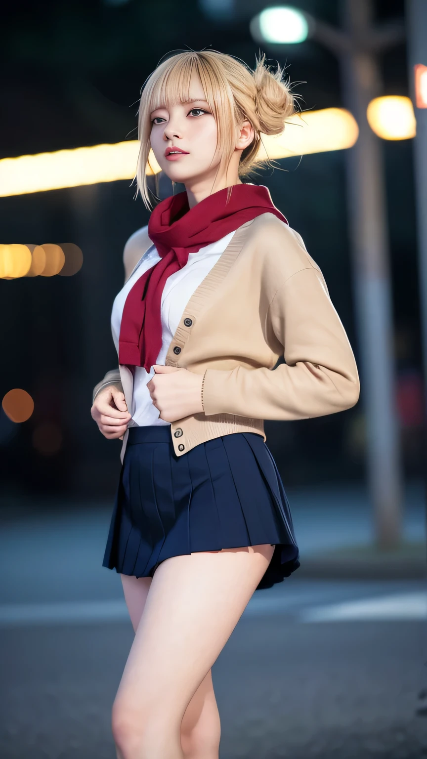 (Very cute 20 year old young woman from Japan),  ((delicate hair between brown and blonde)), ((messy side wave short hair)),medium bust size､small tits､Flashy makeup with red eyeshadow， (((Clean hands)))，(Curly hair)，(((Very sweet smile))), (((she wears dark blue panties)))，(((Wear cheongsam, however、Face that is&#39;turned over in her hands.)))，(((she is wearing a white knitted sweater))) ((of the highest quality, 16 K, masutepiece: 1.3)), Light on Face, hyperdetailed face, very detailed lips, Detailed eyes, City Street，Clean thighs，Great skin，