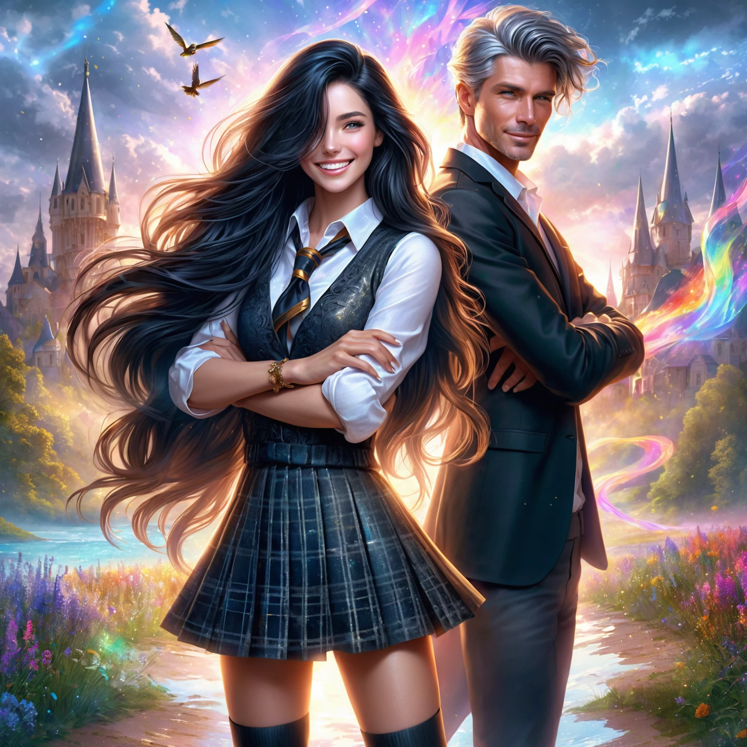 masterpiece Hyperrealistic photorealistic PASSIONATE illustration for a emotional book cover.full-length BLACKHAIR-haired beautiful 20-year SMILING SMILINGLY AND BOLDLY woman in school\'s dress (skirt and blouse) standing guilty in front of handsome 30 years whitelonghairs rector in black suit. rector folded his arms on his body and is angry, fantastic perspective ULTRADETAILED natural landscape and MAgic Academy IN THE BACKGROUND. colorful magic in air. ultrahigh detail. Colorful complementary colors scene,lots of details. silk\'s ultraglossing Victorian era dress. ultra dynamic unusual angle. ultra dynamic unusual angle. FOR THE COVER dynamic scene, lOOK AT ME! Magical fantasy world, illustration for book cover, bright additional colors, magic, ultra-highdetail,perfect natural proportions.model faces. perfect anatomy, detailed hand and fingers. ultraglossing gold, ultraglossing clothes\'s textile. magic, ultra-highdetail,perfect natural proportions.model faces. perfect anatomy, detailed hand and fingers. ultraglossing gold, ultraglossing clothes\'s textile.