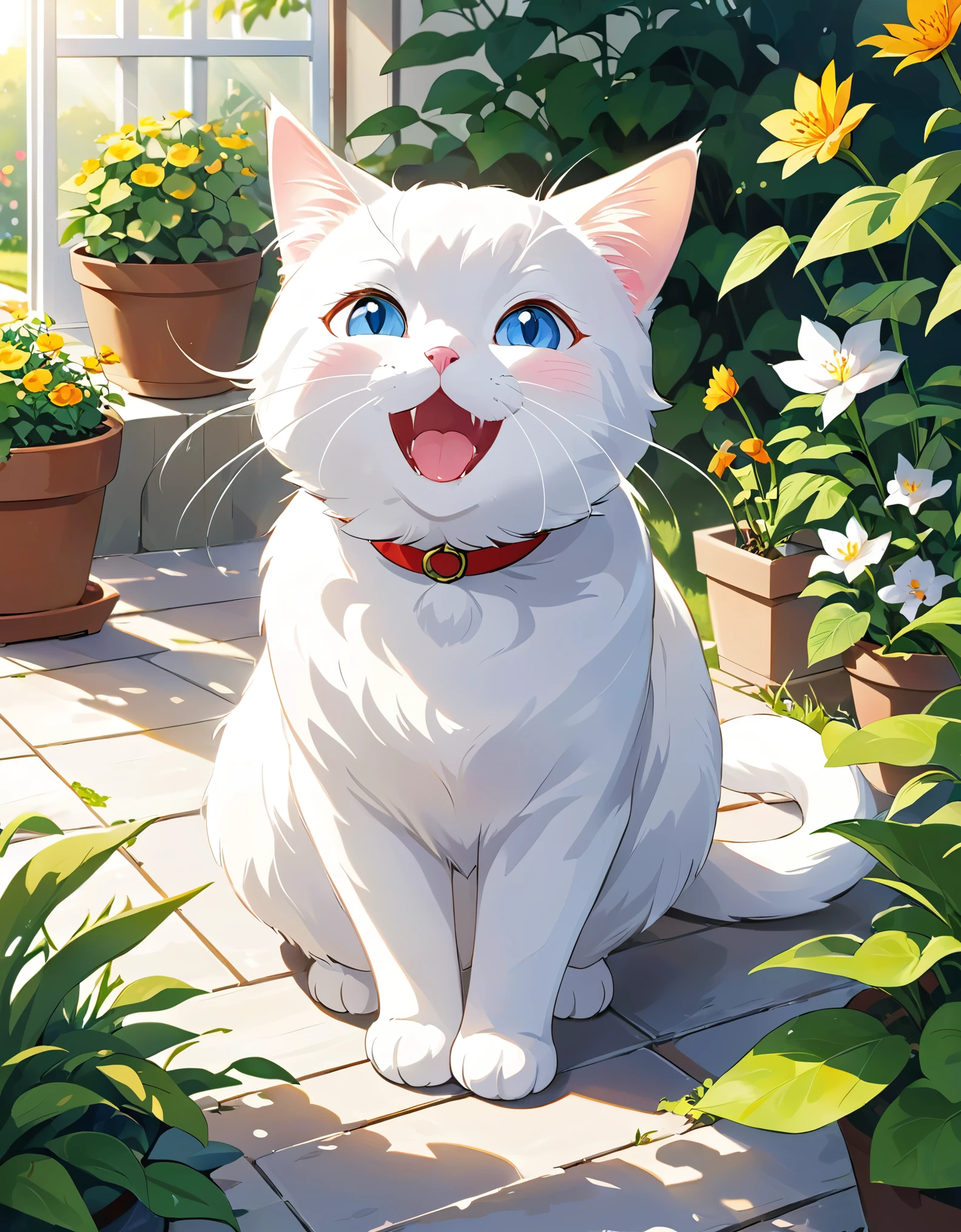 White cat  has recovered from an illness.、A scene that brought back energy。cat is active in the house and garden.、Enjoying a new adventure。Under the clear sunlight、cat playing happily、Please draw the expressions on her family&#39;s faces as they rejoice at her recovery.。