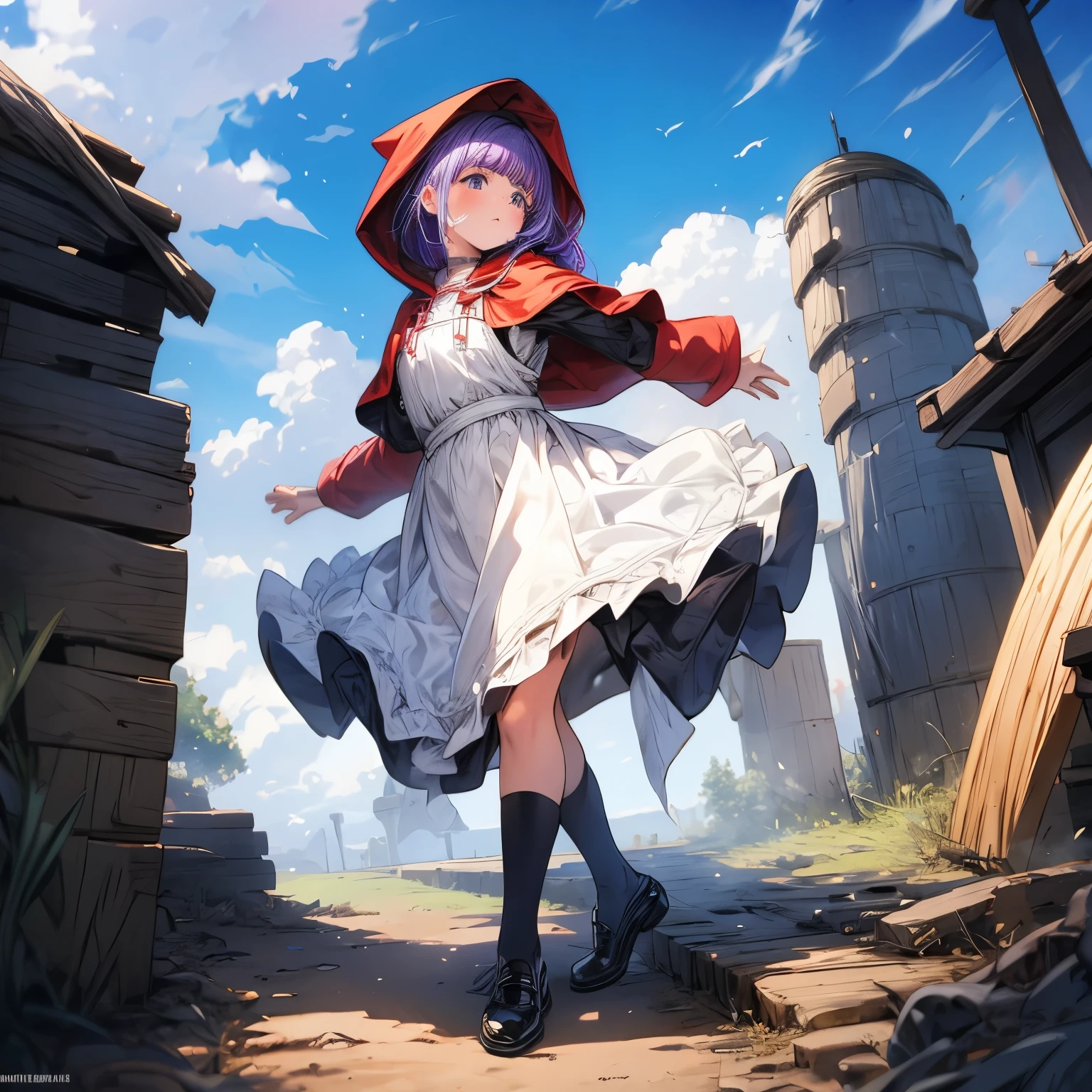 4k, HDR, full HD, Masterpiece, 1girl, (purple hair), perfect anatomy, full body, It is a bright red cloak with a hood that covers his head and falls to his back. This cape is lightweight and made of simple fabric. Under the cape, she wears a peasant-style dress, which is usually white on top (like a blouse) and a skirt in dark shades, such as blue or brown. The dress is modest and loose, typical of a rural environment. She also wears a white apron that reinforces the image of an innocent and hard-working young woman. The shoes are usually black or brown, flat and practical in style, ideal for walking in the forest.