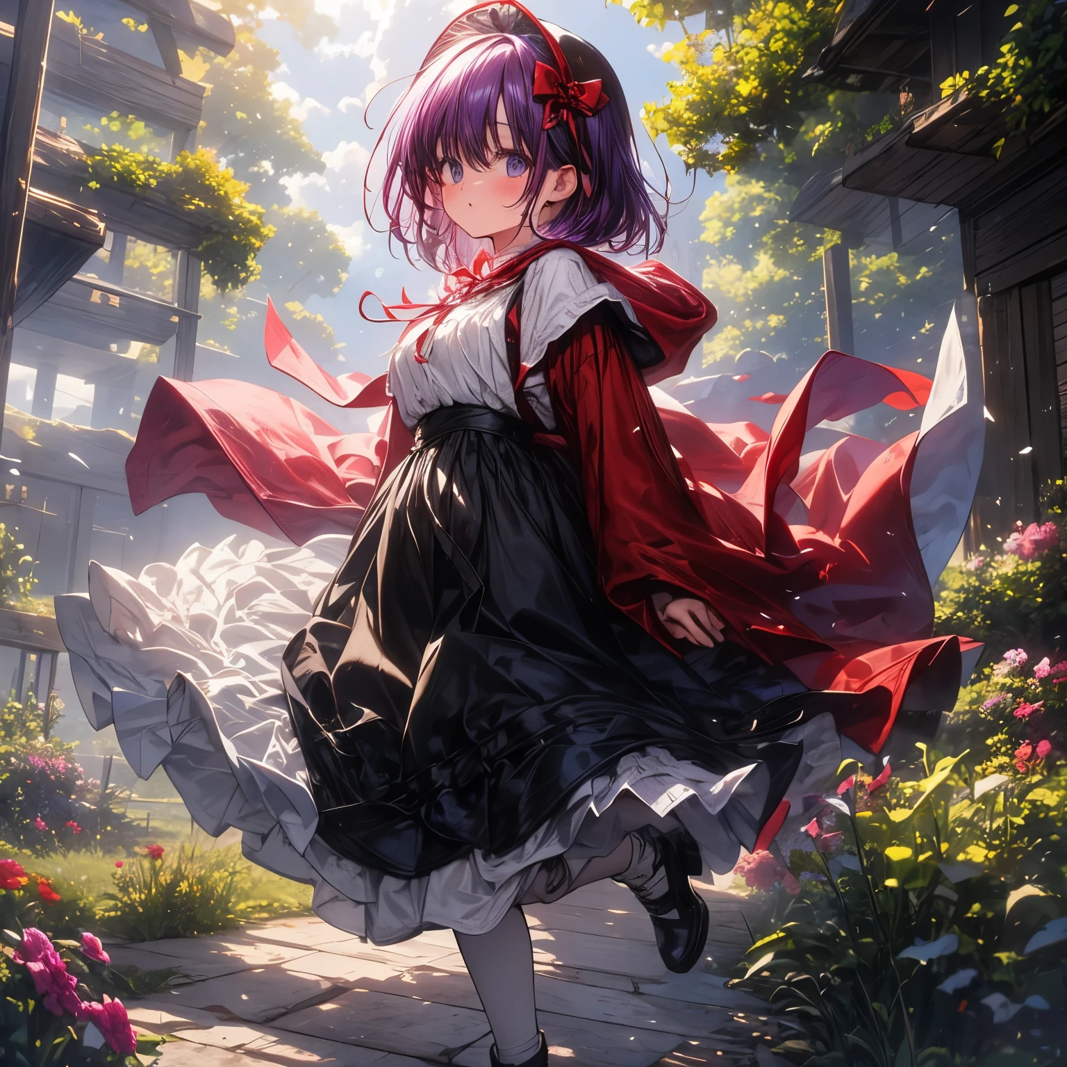 4k, HDR, full HD, Masterpiece, 1girl, (purple hair), perfect anatomy, full body, It is a bright red cloak with a hood that covers his head and falls to his back. This cape is lightweight and made of simple fabric. Under the cape, she wears a peasant-style dress, which is usually white on top (like a blouse) and a skirt in dark shades, such as blue or brown. The dress is modest and loose, typical of a rural environment. She also wears a white apron that reinforces the image of an innocent and hard-working young woman. The shoes are usually black or brown, flat and practical in style, ideal for walking in the forest.