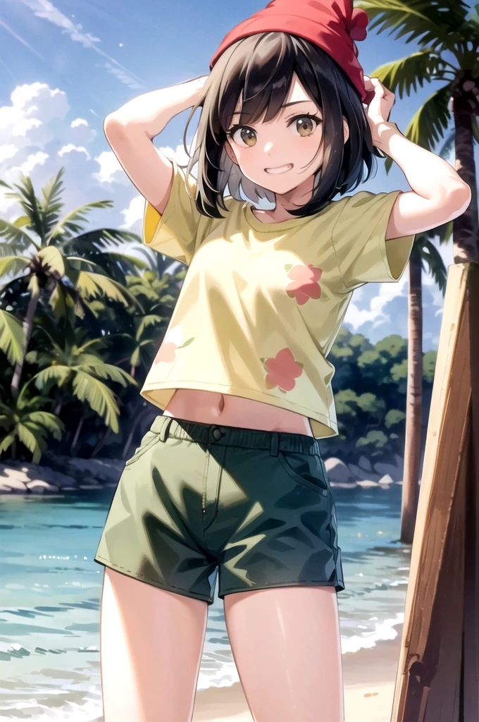 Selene,girl, Black Eyes, Short black hair, Green shorts, Red Beanie,Yellow floral shirt, tie shirt, abdomen, View your viewers, Serious, 
Standing, Hands on your hips, outside, Beach House, Palm trees, blue sky, 
Extremely detailed, High resolution, Realistic details, analog,
 smile, Open your mouth, 