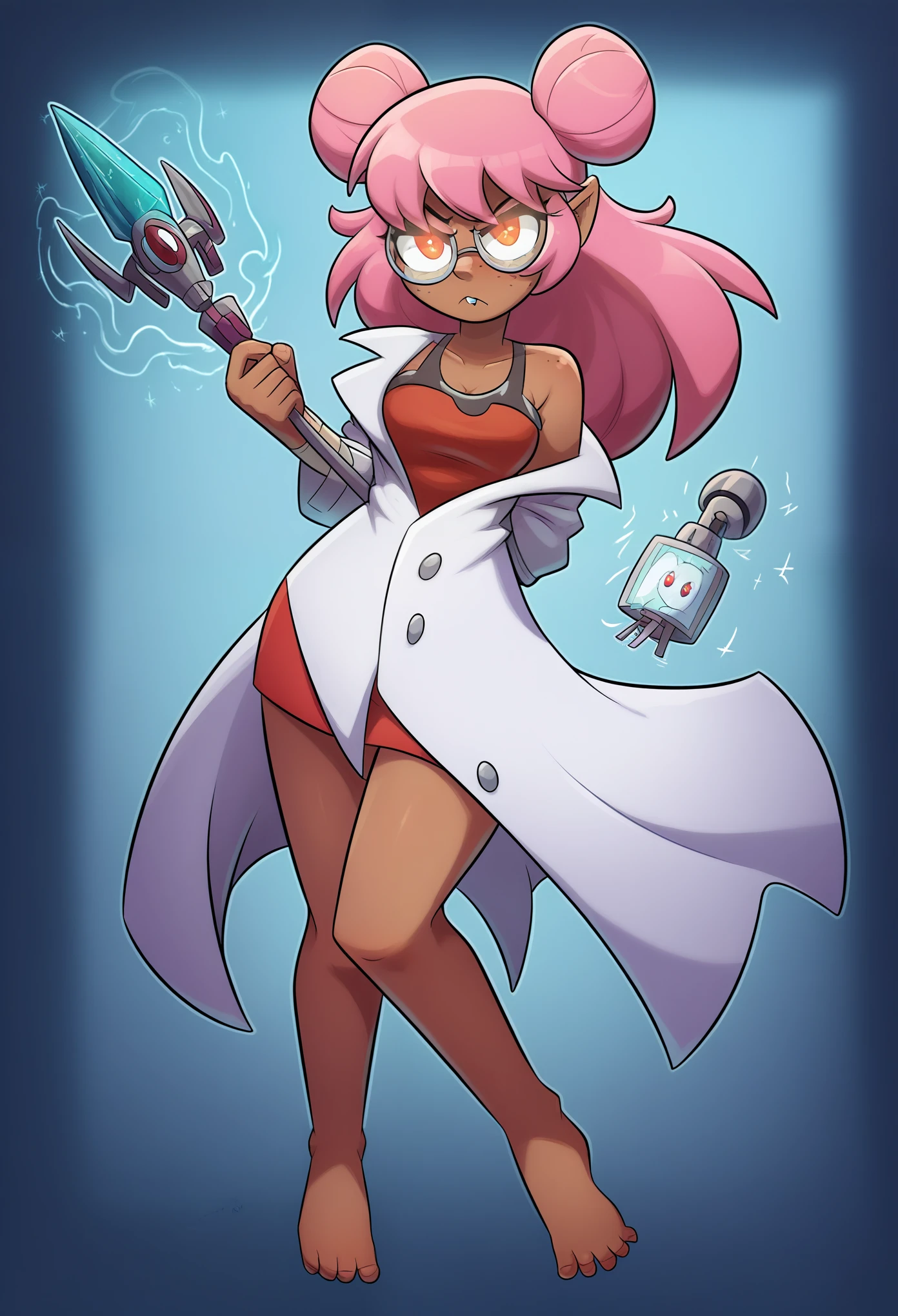 A young girl with dark brown skin stands confidently, her bright pink hair styled into two high puffed buns, neatly tied with a few stray strands falling around her face. Her ears are sharp and elf-like, and her eyes glow an icy blue, hinting at her supernatural powers. She wears round, nerdy glasses, partially covering her piercing gaze. Her expression is serious, adding to her mysterious aura. Her bare feet resemble wolf paws, contrasting with her otherwise human features, and a long, mouse-like tail covered in pink fur extends from behind her. She has two small, sharp vampiric fangs visible from her closed mouth. Draped over her slim figure is a unique black-and-white lab coat, open to reveal a sleeveless red dress. The lab coat is adorned with many pockets holding various tools, adding to her scientific, yet otherworldly persona. She wears a delicate red skirt that complements her dress, and in her hand, she wields a spear with an icy, glowing blue tip, crackling with cold energy. Her entire presence radiates power and intellect, a mix of both human and beastly traits, striking an imposing figure despite her young appearance. detailed face, extremely detailed eyes, masterpiece, 4k, 8k, high-res, ultra-detailed, physically-based rendering, dark brown skin, vivid colors, studio lighting cinematic lighting, dramatic lighting, dramatic composition, dynamic pose, volumetric lighting, Nice ass, B-cups, Cute breasts, shapely figure, Serious expression, glowing eyes, freckles, Full Body