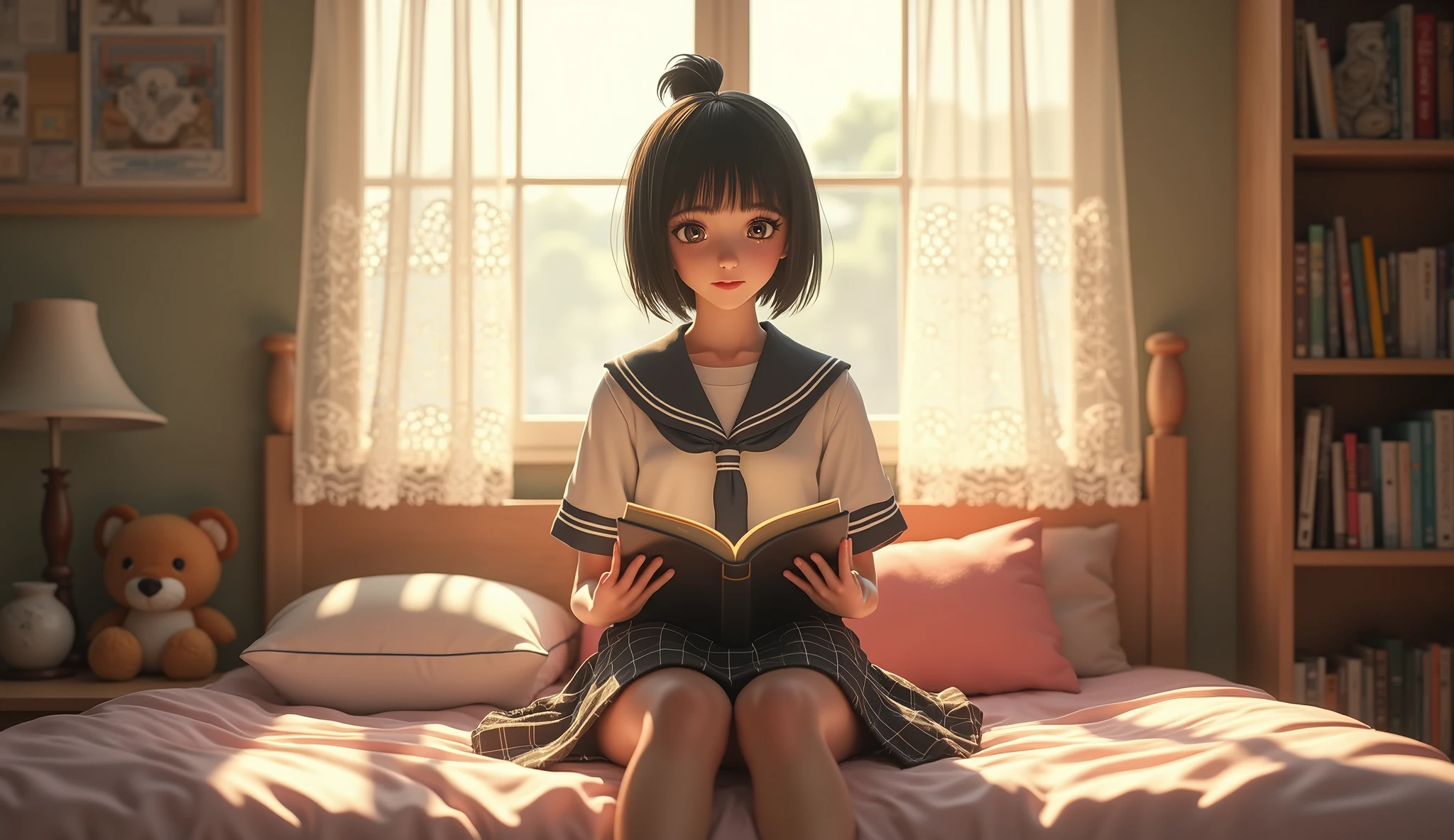 There is a girl sitting on a bed reading a book - SeaArt AI