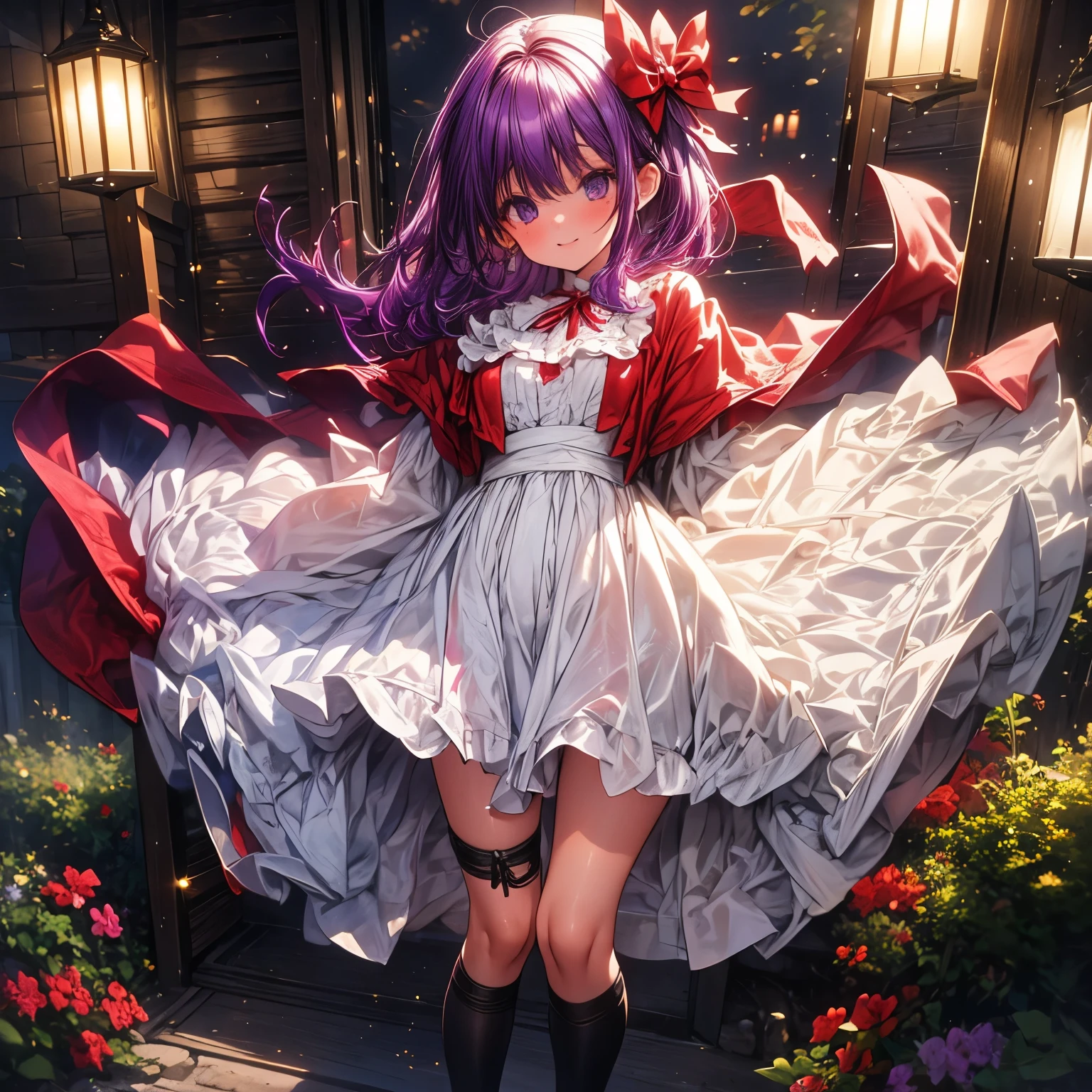 4k, HDR, full HD, Masterpiece, 1girl, (purple hair), perfect anatomy, full body, sexy little red riding hood costume