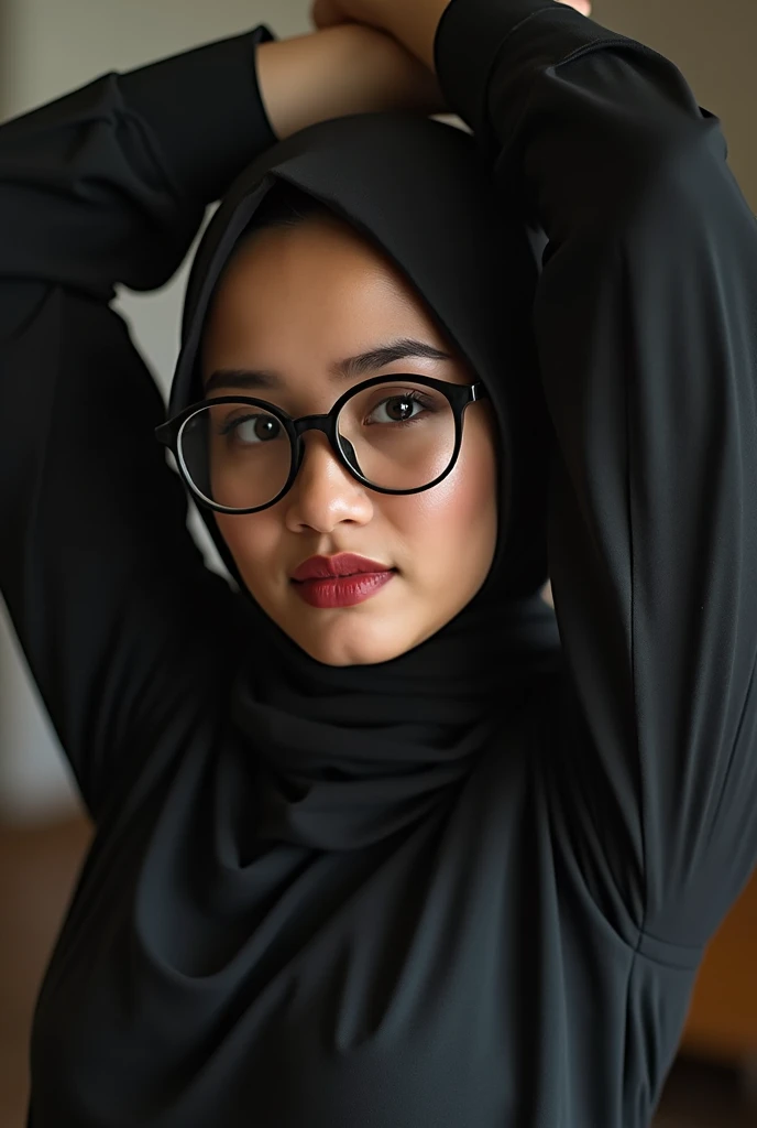 A beautiful Asian Malay wearing glasses and a spandex snake print turtleneck unitard catsuit and a spandex Malay snake print hijab。
