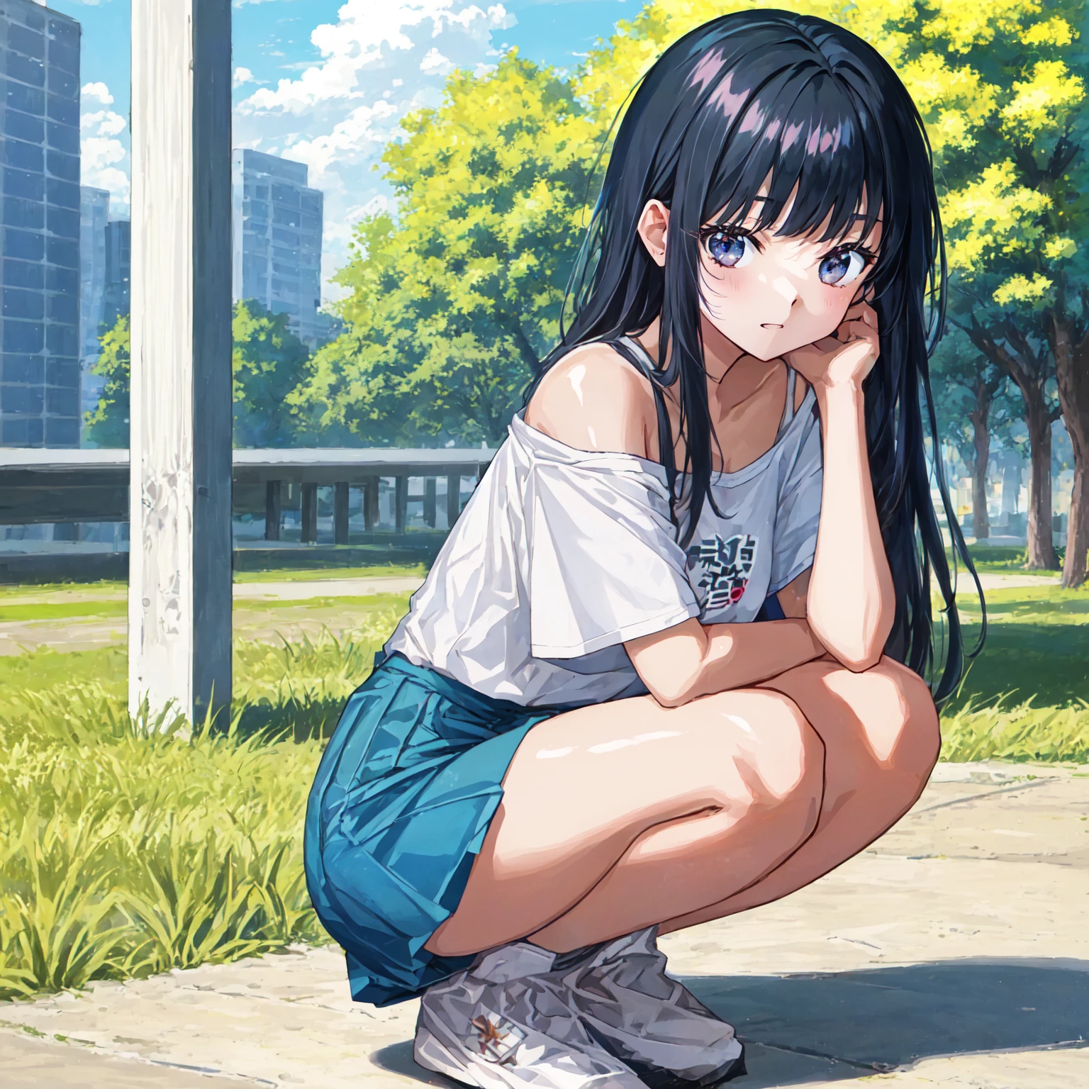 masterpiece, best quality, pastel color,super detailed skin,best quality background,ultra detailed brown eyes,優しい笑み,closed mouth,park,diagonal bangs long hair,perfect anatomy,デニムミニスカート,beautiful hair,establishing shot,18歳,Skirt gap,A plain off-the-shoulder T-shirt,お腹,スニーカー,put your hands on your knees,前かがみ,{{beautiful middle-sized breasts1:4}},Photo real 1;4, top quality, {{beautiful butt}}, cute girl 