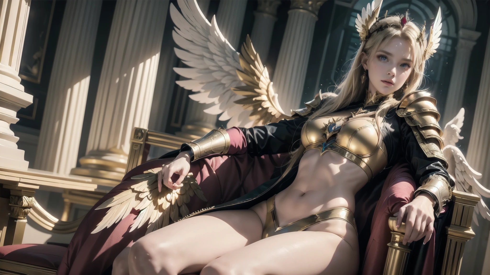 blond woman in armor sitting on a throne with wings, as a mystical valkyrie, angelic golden armor, cinematic goddess shot, unreal engine render + a goddess, a beautiful fantasy empress, stunning cgsociety, angel knight girl, anime goddess, trending in cgsociety, [ trending on cgsociety ]!!, 2. 5 d cgi anime fantasy artwork, with fiery golden wings, PERSEPHONE
