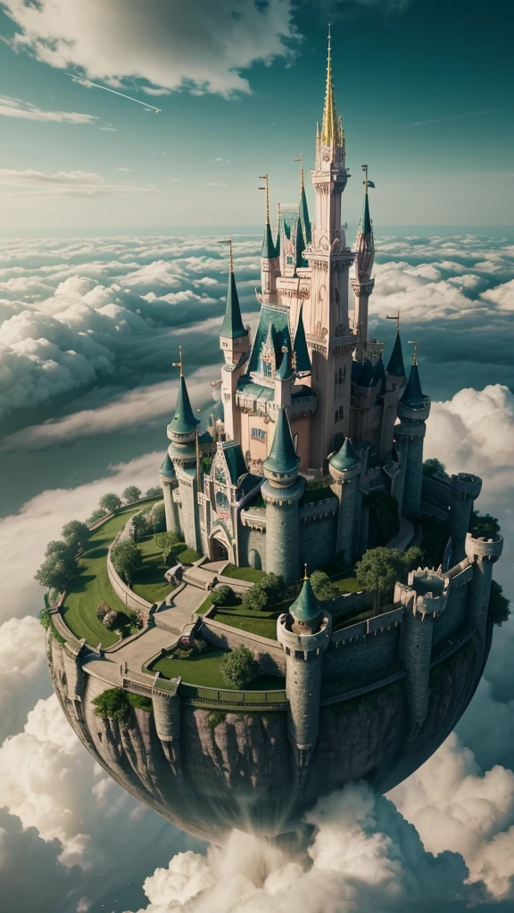 Epic CG matte painting, wide view, pale green clouds, Disney castle, garden full of flowers on the clouds, a few drops of water falling from the clouds, a sea of pale green roses, HD images, Unreal Engine, ArtStation 4k HD trend, from above 