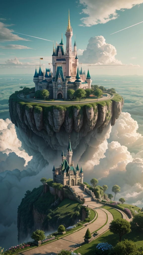 Epic CG matte painting, wide view, pale green clouds, Disney castle, garden full of flowers on the clouds, a few drops of water falling from the clouds, a sea of pale green roses, HD images, Unreal Engine, ArtStation 4k HD trend, from above 