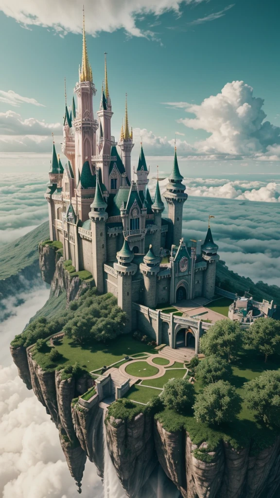 Epic CG matte painting, wide view, pale green clouds, Disney castle, garden full of flowers on the clouds, a few drops of water falling from the clouds, a sea of pale green roses, HD images, Unreal Engine, ArtStation 4k HD trend, from above 