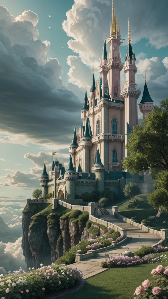 Epic CG matte painting, wide view, pale green clouds, Disney castle, garden full of flowers on the clouds, a few drops of water falling from the clouds, a sea of pale green roses, HD images, Unreal Engine, ArtStation 4k HD trend, from above 