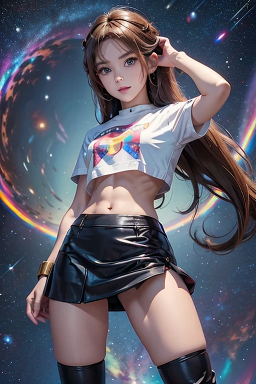 Jessie. ((mini skirt)), Jessie, full body, long legs, BOOTS, strong legs, mini skirt,(( mini skirt)), ((Jessie )) Jessie pokemon, Rainbow colored cosmic nebula background, stars, galaxies, intricate details