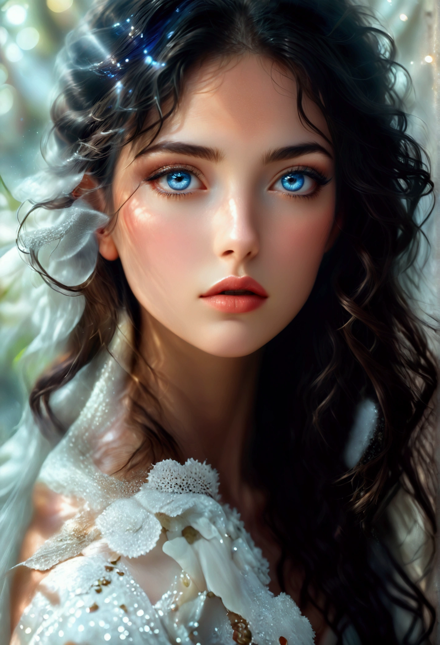 (beautiful woman, dark hair, white skin, long wavy hair, detailed face, detailed eyes, detailed lips, beautiful detailed eyes, beautiful detailed lips, extremely detailed eyes and face, long eyelashes, elegant dress, cinematic lighting, dramatic lighting, dramatic pose, serene expression, chiaroscuro lighting, high contrast, dramatic atmosphere, cinematic composition, dramatic background, epic scale, photorealistic, (best quality,4k,8k,highres,masterpiece:1.2),ultra-detailed,(realistic,photorealistic,photo-realistic:1.37),HDR,UHD,studio lighting,ultra-fine painting,sharp focus,physically-based rendering,extreme detail description,professional,vivid colors,bokeh)