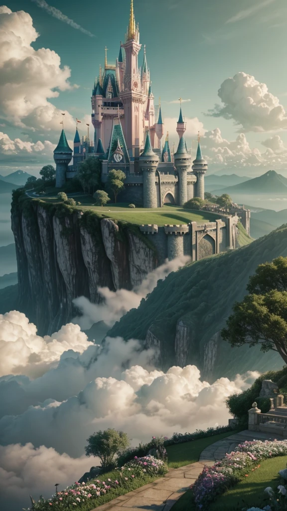 Epic CG matte painting, wide view, pale green clouds, Disney castle, garden full of flowers on the clouds, a few drops of water falling from the clouds, a sea of pale green roses, HD images, Unreal Engine, ArtStation 4k HD trend, close up 