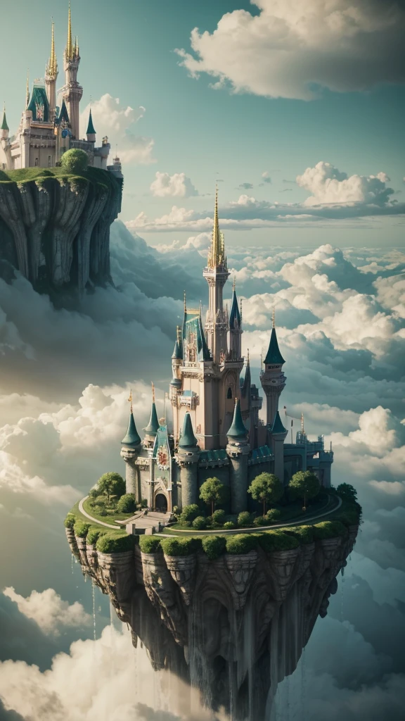 Epic CG matte painting, wide view, pale green clouds, Disney castle, garden full of flowers on the clouds, a few drops of water falling from the clouds, a sea of pale green roses, HD images, Unreal Engine, ArtStation 4k HD trend, close up 