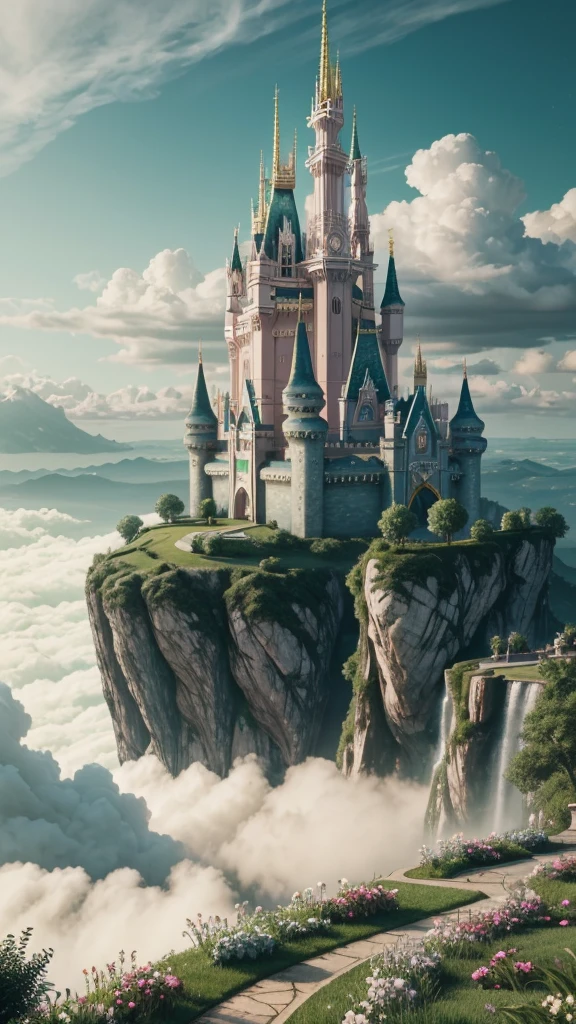 Epic CG matte painting, wide view, pale green clouds, Disney castle, garden full of flowers on the clouds, a few drops of water falling from the clouds, a sea of pale green roses, HD images, Unreal Engine, ArtStation 4k HD trend, close up 