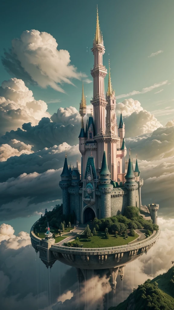 Epic CG matte painting, wide view, pale green clouds, Disney castle, garden full of flowers on the clouds, a few drops of water falling from the clouds, a sea of pale green roses, HD images, Unreal Engine, ArtStation 4k HD trend, close up 