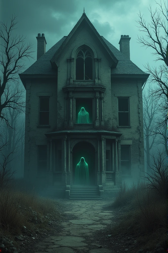 A miniature, detailed, hyper-realistic haunted house scene, highly detailed ghost, eerie atmosphere, dramatic lighting, moody and unsettling color palette, horror elements, cinematic composition, photorealistic, masterpiece