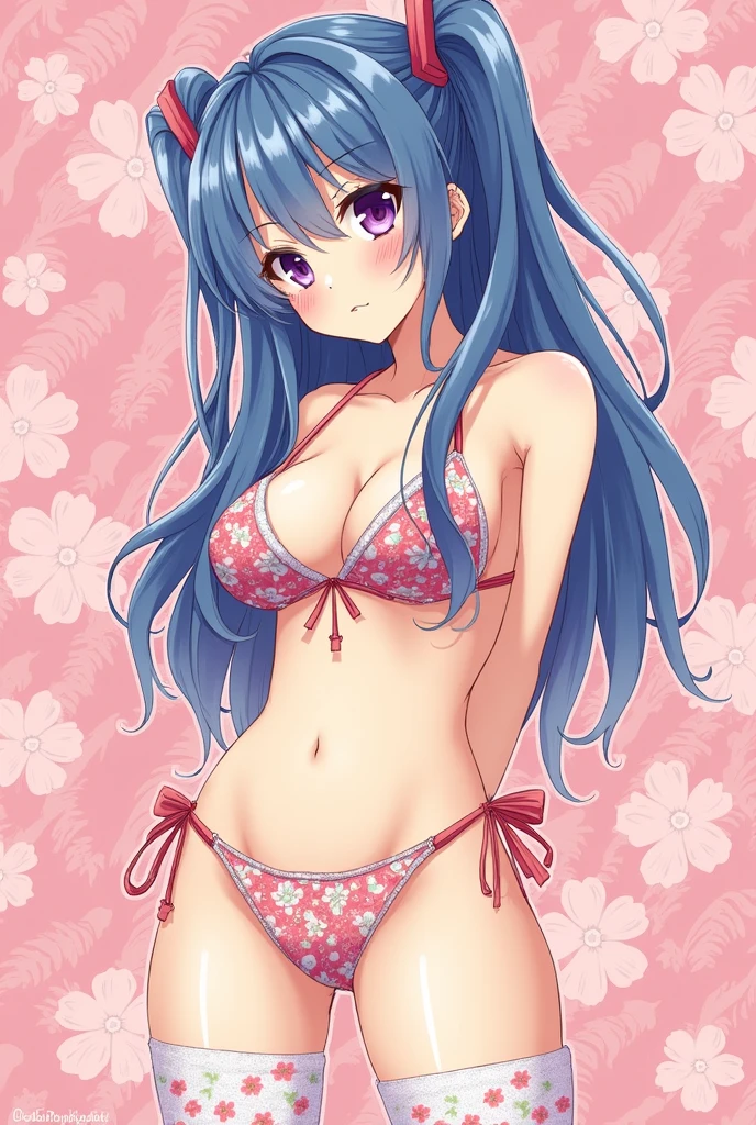 (ganyu), genshin impact, (cute overload), ((colored pencil sketch)), big tits, thick thighs, thigh highs, purple eyes, blue hair, hand drawn, cleavage, arms behind back, retro anime, floral bikini top, finely detailed, pink floral background, ulzzang, playful), full color, arms behind back, floral panties, 