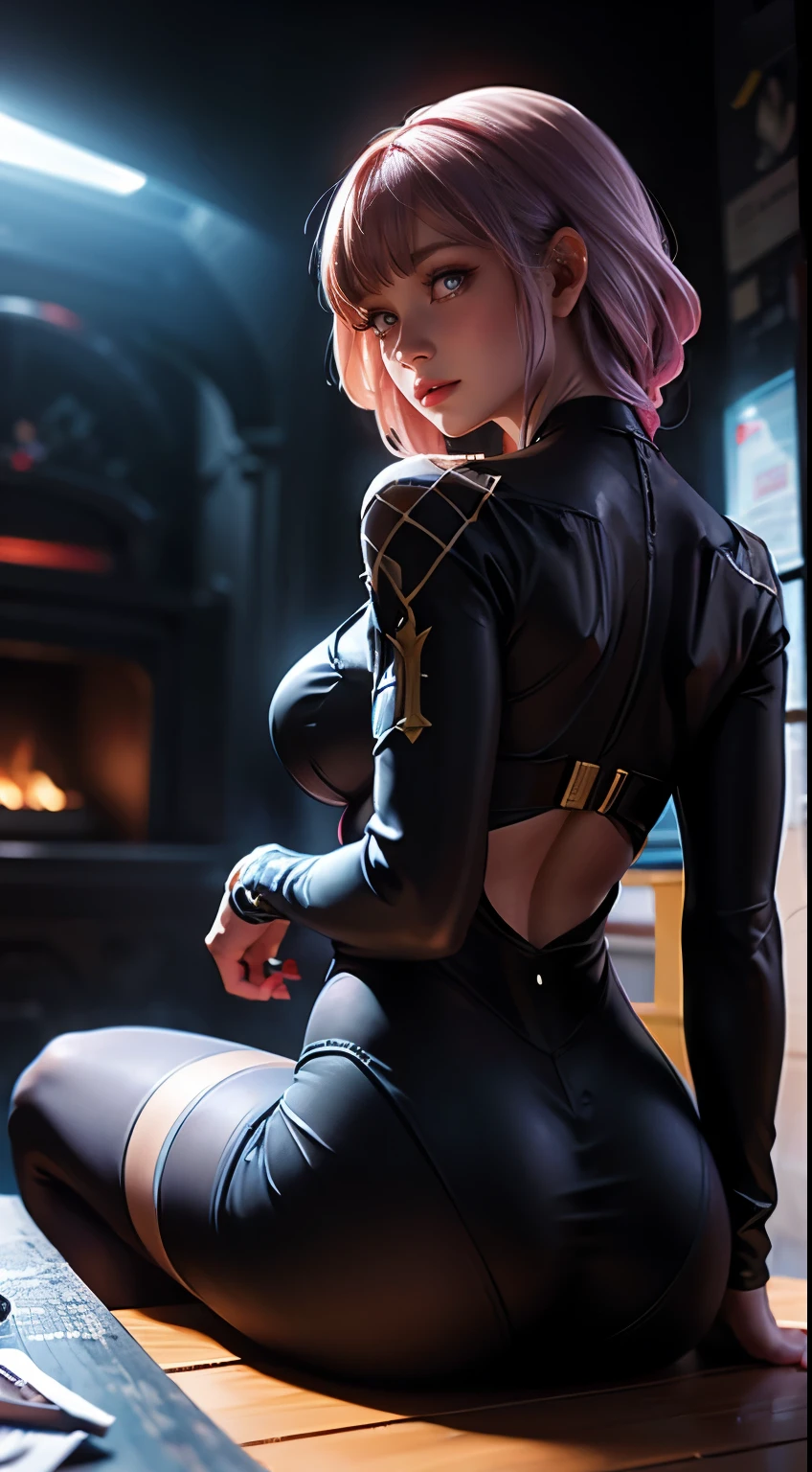 masterpiece, (Realism), high resolution, High Detail, complex, Beautiful woman, Lightweight RTX, Blue Eyes, freckle, Delicate face, Skin-tight reflective bodysuit, From the back, Looking at the audience, Show your butt, Smile, Tied, , [On the beach, Get on all fours, , Big Ass, Background Cyberpunk 2077 Night City