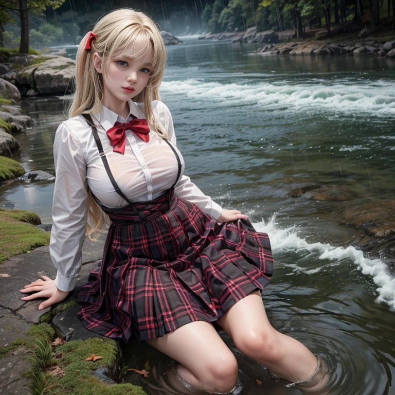 jk school girl uniform , skirt dark red , plaid skirt , pleated skirt , Tight shirt , white Shirt , school girl twin tails hair , red knot , red bow , sitting in the water, long sleeves, cardigan, (tie), ((pleated skirt)), close, lips touching , closeup fantasy with water magic, beautiful maiden, wearing a skirt made of water, cleavage, realistic oil painting, ((dripping wet)), in water up to her shoulders, beautiful realistic painting, realistic fantasy painting, cute shot, narrow depth of field, 8k, nsfw, ((drenched)), ((soaked)), (dripping water), dripping oil, heavy clothes, soaked in oil, wet all over, rouge lipstick, wet dripping hair, blonde hair , big breasts , big tits