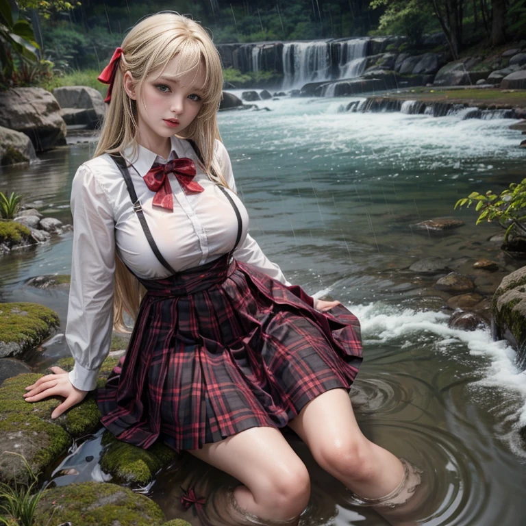 jk school girl uniform , skirt dark red , plaid skirt , pleated skirt , Tight shirt , white Shirt , school girl twin tails hair , red knot , red bow , sitting in the water, long sleeves, cardigan, (tie), ((pleated skirt)), close, lips touching , closeup fantasy with water magic, beautiful maiden, wearing a skirt made of water, cleavage, realistic oil painting, ((dripping wet)), in water up to her shoulders, beautiful realistic painting, realistic fantasy painting, cute shot, narrow depth of field, 8k, nsfw, ((drenched)), ((soaked)), (dripping water), dripping oil, heavy clothes, soaked in oil, wet all over, rouge lipstick, wet dripping hair, blonde hair
