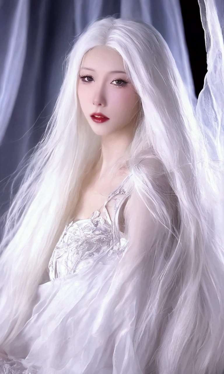 dragon girl,cool primary school student,Noble classical,Long white hair,ellegance,Pure desire,8k CG wallpaper,Cool white skin,tmasterpiece,diadems,white flower hair ornament,White evening dress