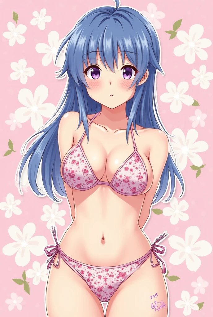 (ganyu), genshin impact, (cute overload), ((colored pencil sketch)), big tits, thick thighs, thigh highs, purple eyes, blue hair, hand drawn, cleavage, arms behind back, retro anime, floral bikini top, finely detailed, pink floral background, ulzzang, playful), full color, arms behind back, floral panties, 