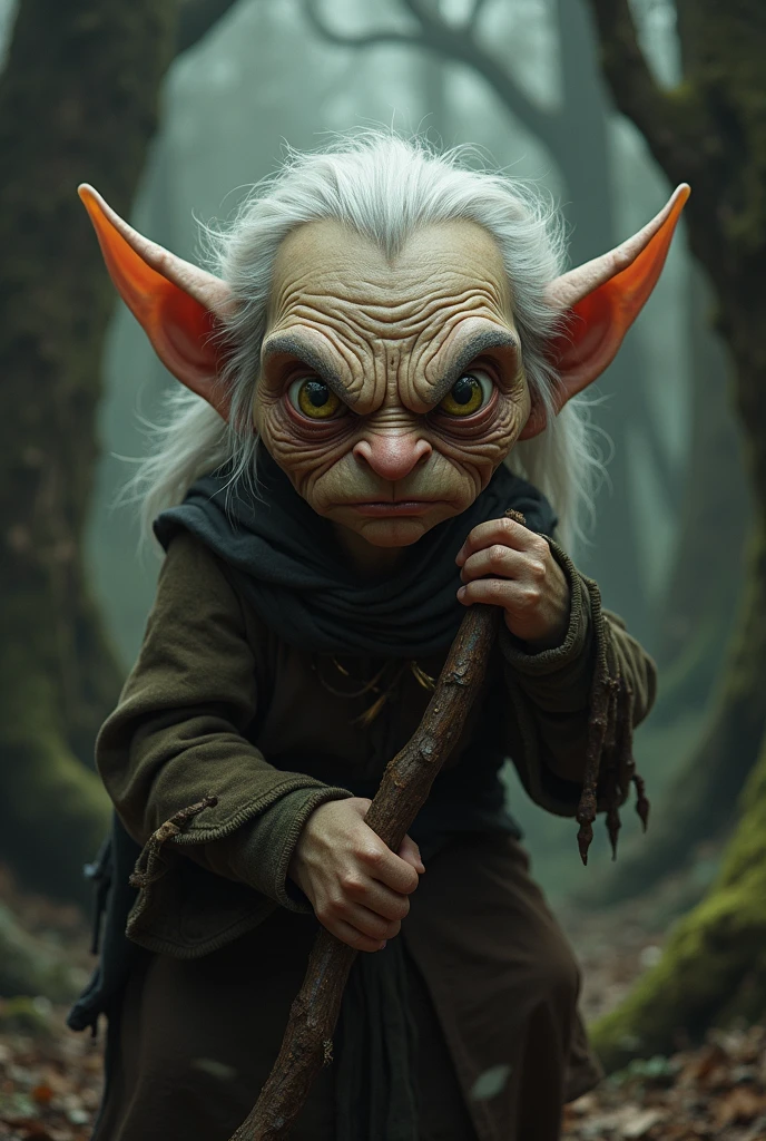 a picture of an image of a fantasy creature, funny emotion, big pointy ears, in the style of donato giancola, gris grimly, primitive art, full body, realistic, precisionist lines, anton semenov mossy moss moss