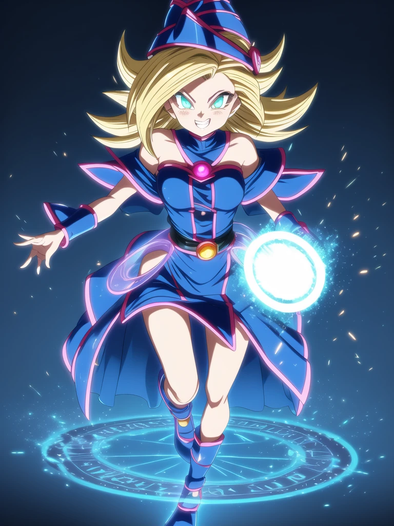 
dbsuper style, (extremely detailed CG unity 4k wallpaper),(masterpiece),(ultra quality),(ultra-detailed),(best illustration),(best shadow),(absurdres),masterpiece, best quality, cinematic light, 1girl, grin, dark magician girl, blonde hair, blue headwear, blue footwear, duel monster, hat, hexagram, long hair, looking at viewer, magic, magic circle, glow, glowing, glowing particles, sparks, transparent purple flaming power up aura , wizard hat, yu-gi-oh!, dynamic pose, serious 