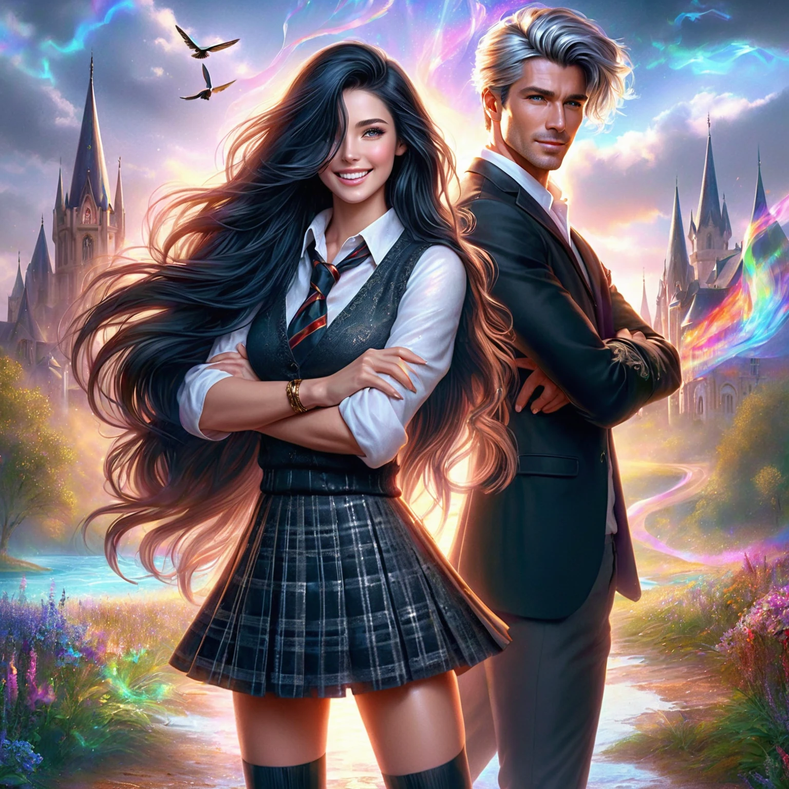 masterpiece Hyperrealistic photorealistic PASSIONATE illustration for a emotional book cover.full-length BLACKHAIR-haired beautiful 20-year SMILING SMILINGLY AND BOLDLY woman in school\'s dress (skirt and blouse) standing guilty in front of handsome 30years whitelonghairs young muscular attractive sexual rector in black suit. rector folded his arms on his body and is angry, fantastic perspective ULTRADETAILED natural landscape and MAgic Academy IN THE BACKGROUND. colorful magic in air. ultrahigh detail. Colorful complementary colors scene,lots of details. silk\'s ultraglossing Victorian era dress. ultra dynamic unusual angle. ultra dynamic unusual angle. FOR THE COVER dynamic scene, lOOK AT ME! Magical fantasy world, illustration for book cover, bright additional colors, magic, ultra-highdetail,perfect natural proportions.model faces. perfect anatomy, detailed hand and fingers. ultraglossing gold, ultraglossing clothes\'s textile. magic, ultra-highdetail,perfect natural proportions.model faces. perfect anatomy, detailed hand and fingers. ultraglossing gold, ultraglossing clothes\'s textile.